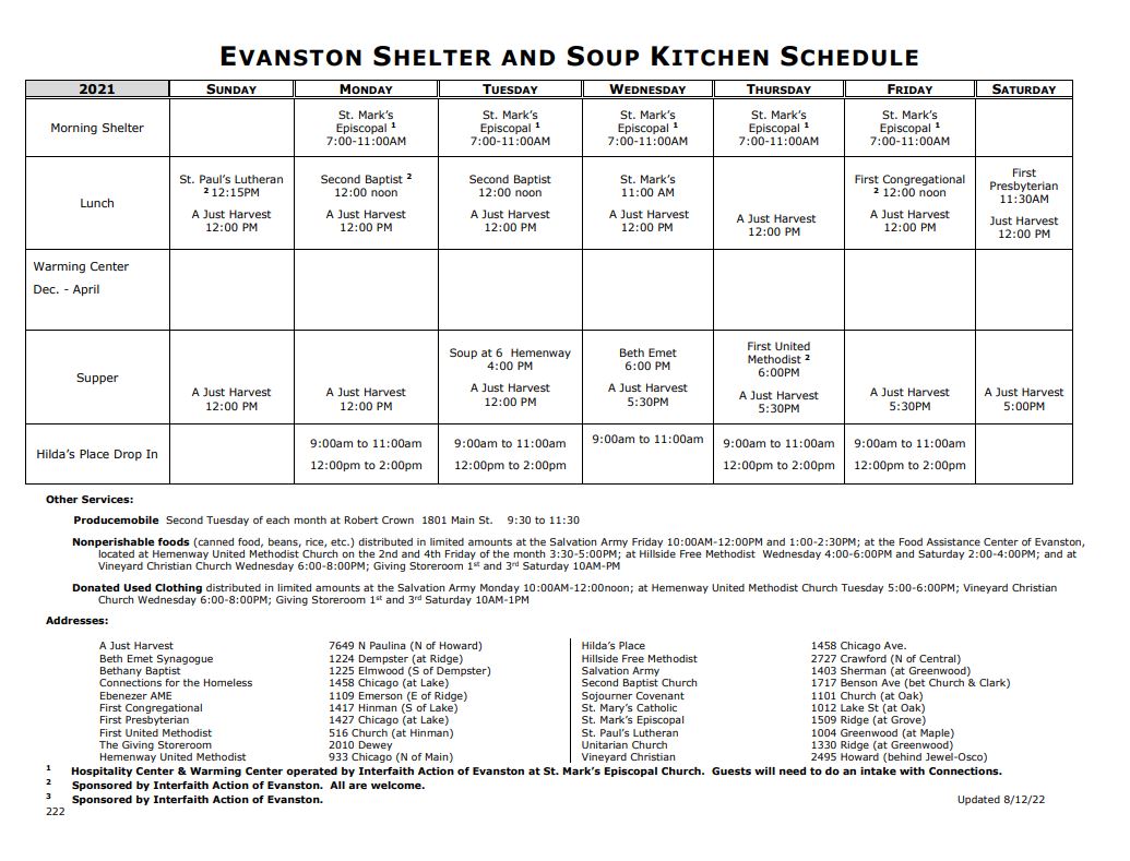 Evanston Shelter and Soup Kitchen Schedule Interfaith Action of Evanston