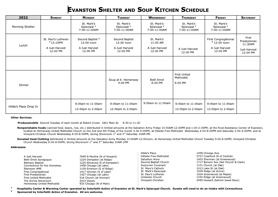 Evanston Shelter and Soup Kitchen Schedule - Interfaith Action of Evanston